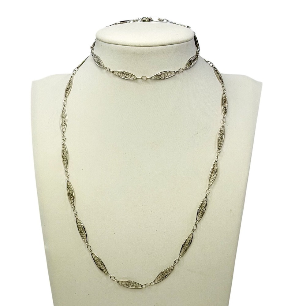 Crown Trifari Vintage Silver Tone Filigree Leaf Necklace & Bracelet Set Chic Y2K